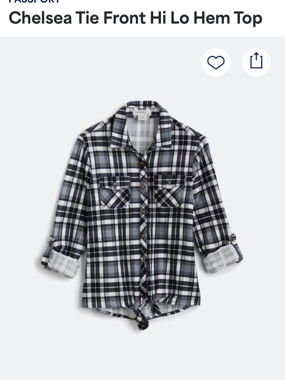Passport Black & White Plaid Button-Front Tie Hem Top